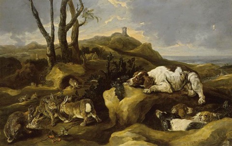 Joannes_Fijt_-_Spaniels_Stalking_Rabbits_in_the_Dunes_-_WGA08353