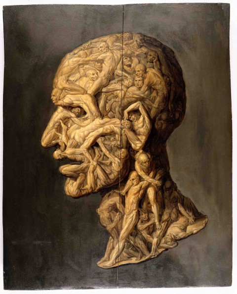 V0017125 Head of a man, composed of nude figures. Oil painting.