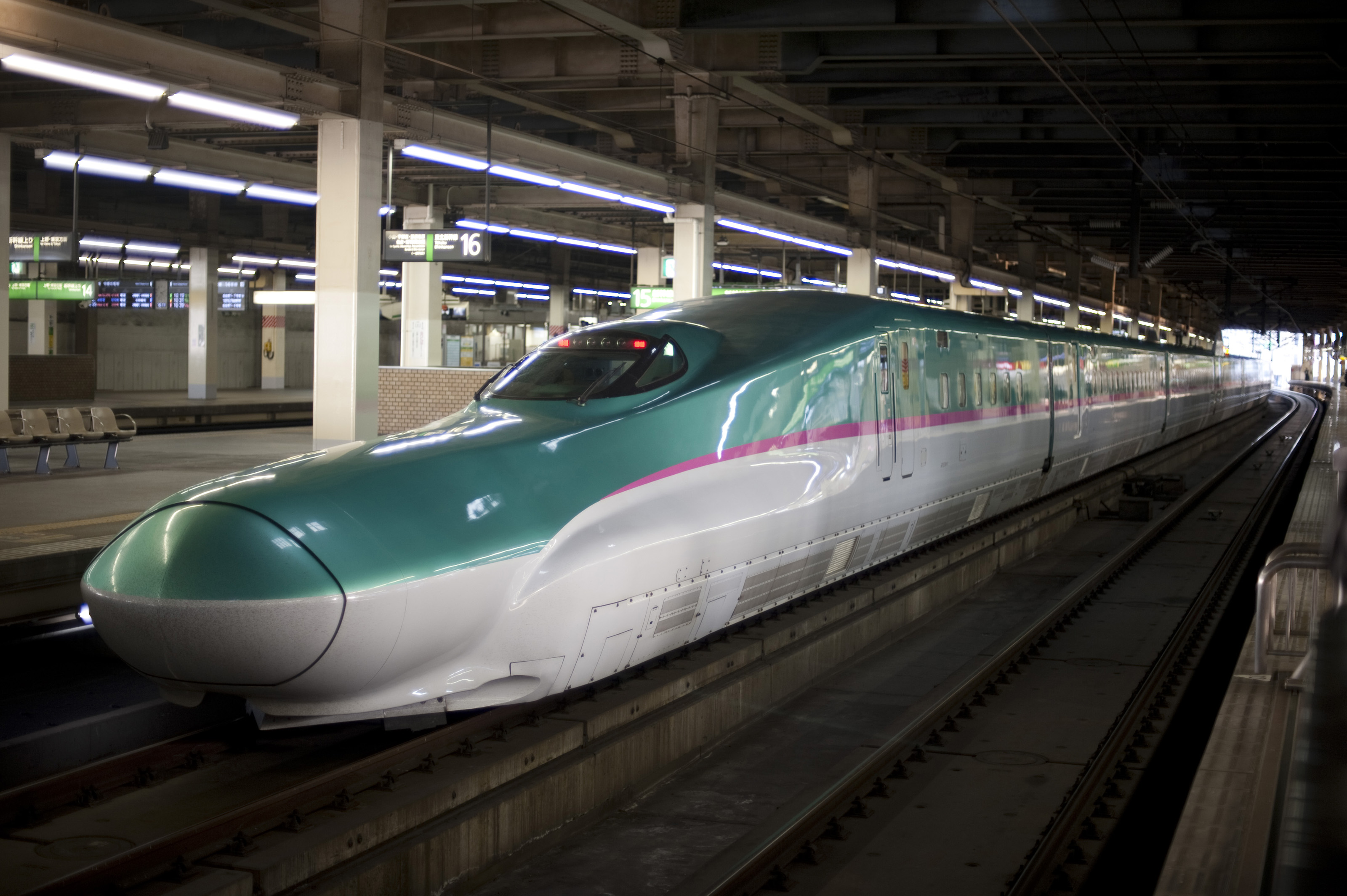 Hayabusa (Peregrine Falcon) or E5 shinkansen train at a mainline railway station in japan