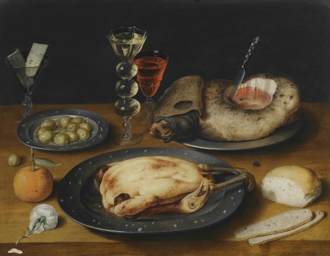 Still_Life_of_a_Roast_Chicken,_a_Ham_and_Olives_on_Pewter_Plates_with_a_Bread_Roll,_an_Orange,_Wineglasses_and_a_Rose_on_a_Wooden_Table