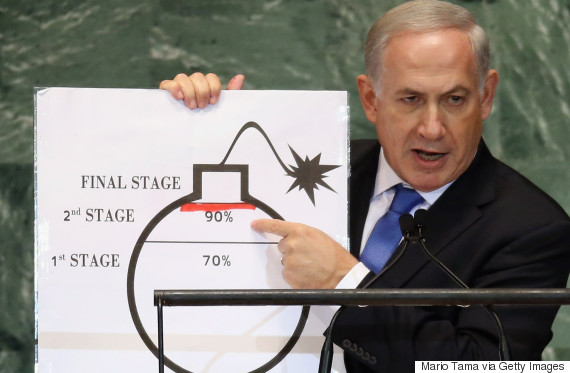 NEW YORK, NY - SEPTEMBER 27:  Benjamin Netanyahu, Prime Minister of Israel, points to a red line he drew on a graphic of a bomb while addressing the United Nations General Assembly on September 27, 2012 in New York City. The 67th annual event gathers more than 100 heads of state and government for high level meetings on nuclear safety, regional conflicts, health and nutrition and environment issues.  (Photo by Mario Tama/Getty Images)
