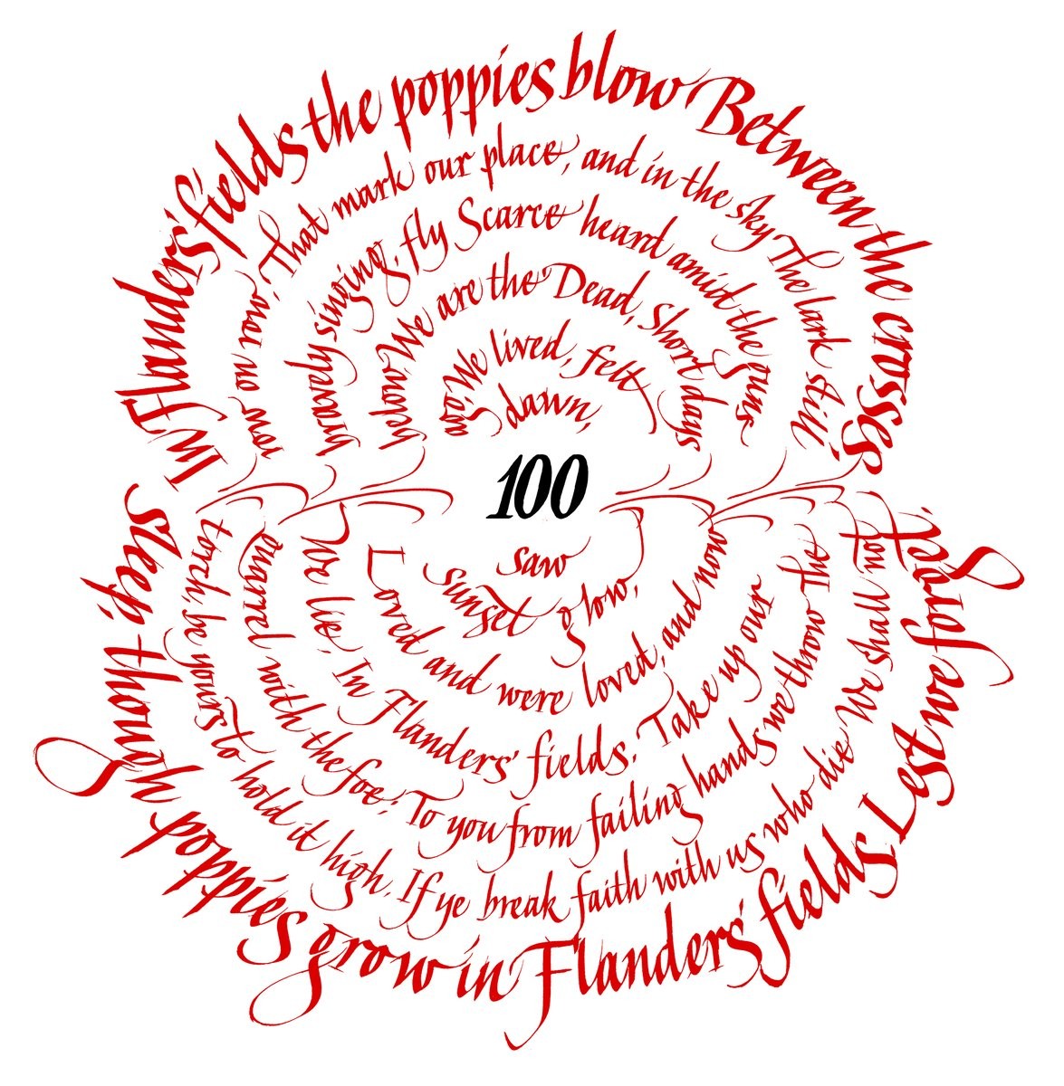 A calipraphic representation of a Remembrance Day poppy by Satwinder Sehmi. The poppy is drawn with the words to the poem In Flanders Field.