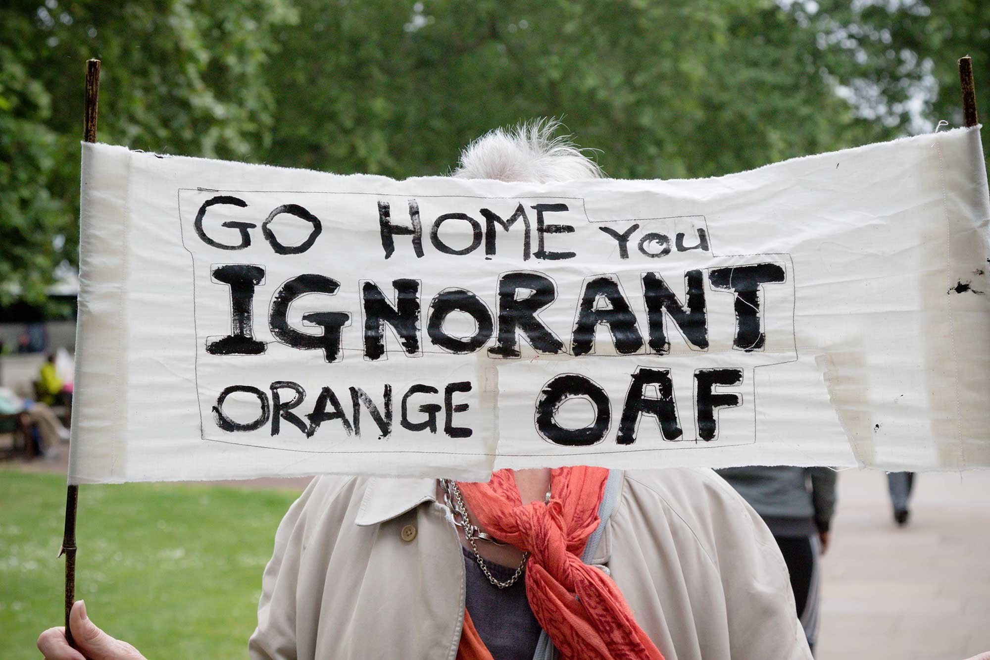 a sign that says “Go home you ignorant orange oaf"