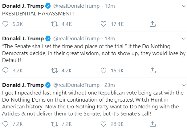 Trump whining on Twitter about Dems not sending articles of impeachment to the Senate