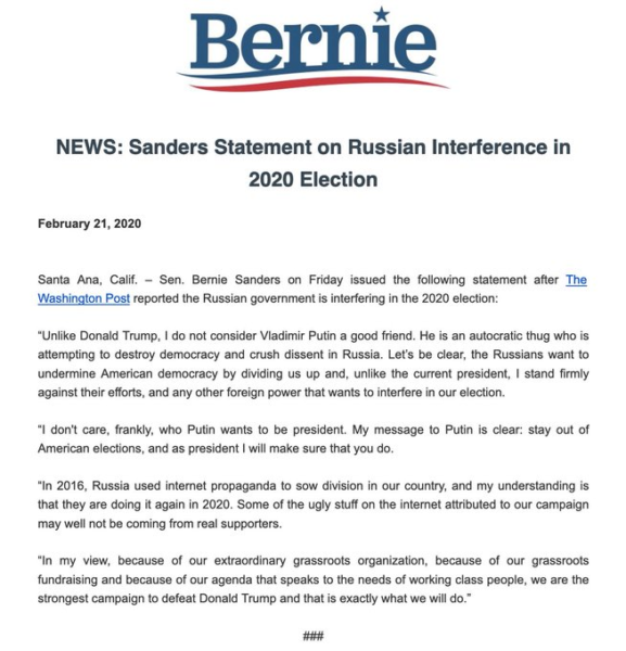 Senator Sanders and the President Have Both Been Briefed that Vladimir Putin Is Interfering On Their Behalf In the 2020 Presidential Election