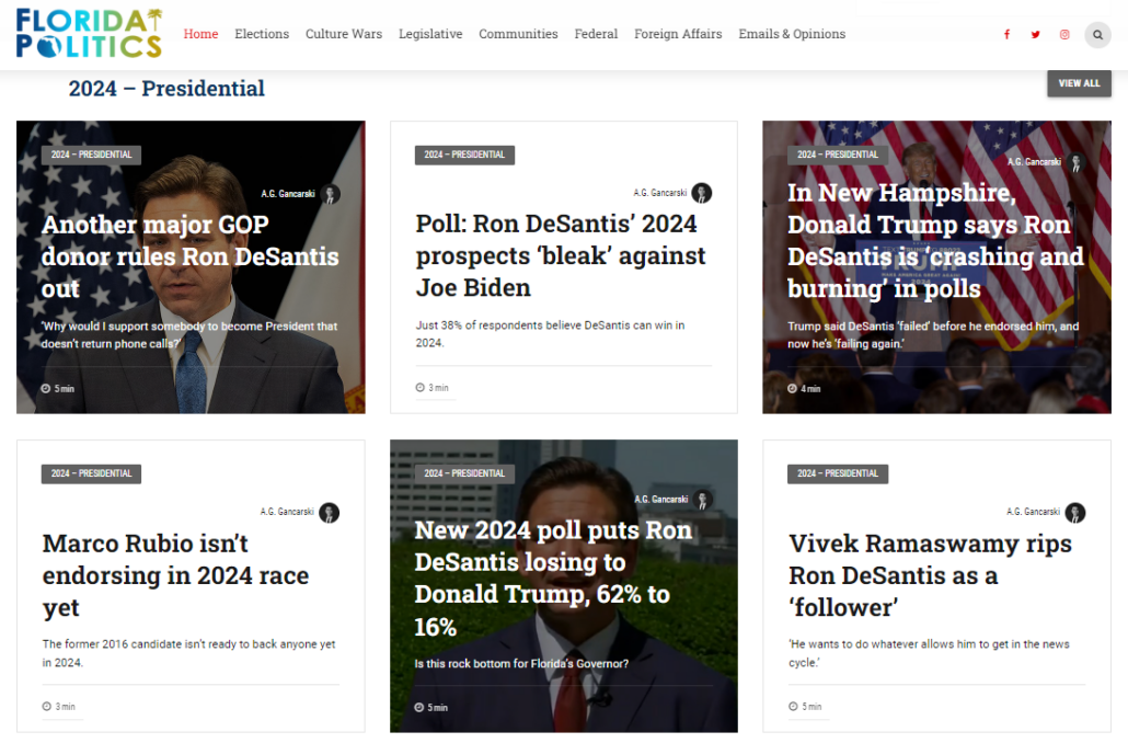 Home screen of FL Politics with array of negative headlines about Ron DeSantis