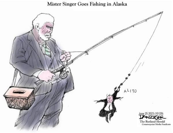 Title:  Mr. Singer goes fishing in Alaska.  Image:  Supreme Court Justice Samuel Alito dangling at the end of a fishling line held by Paul Singer.