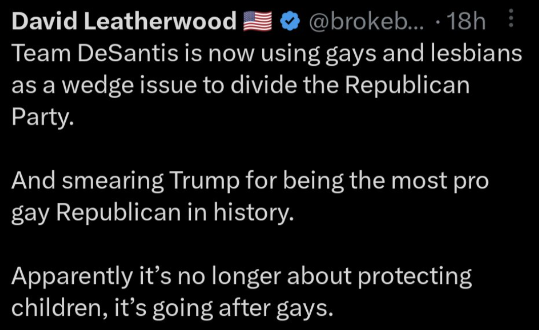 Tweet from gay Repub complaining about DeSantis campaign's homophobic video