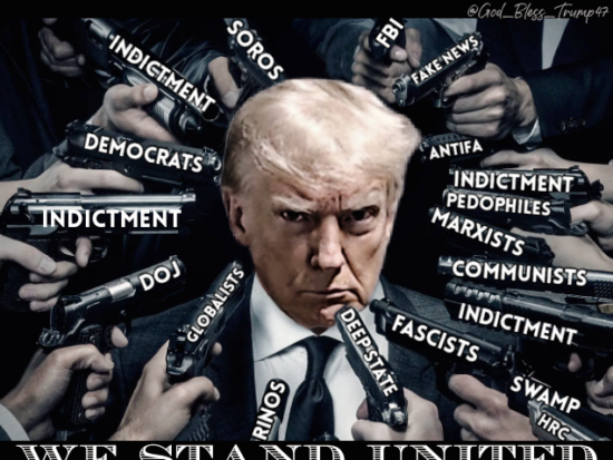 photoshopped version of Trump's mugshot with guns pointed at him labeled with various enemies