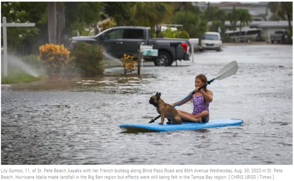 Girl kayaking on a flooded street with a French bulldog