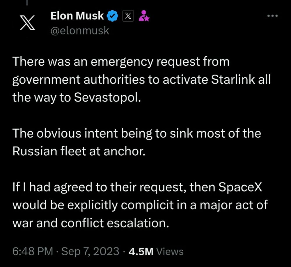 A screengrab of Musk's tweet justifying denying Ukraine's request for Starlink support near Crimea in 2022.