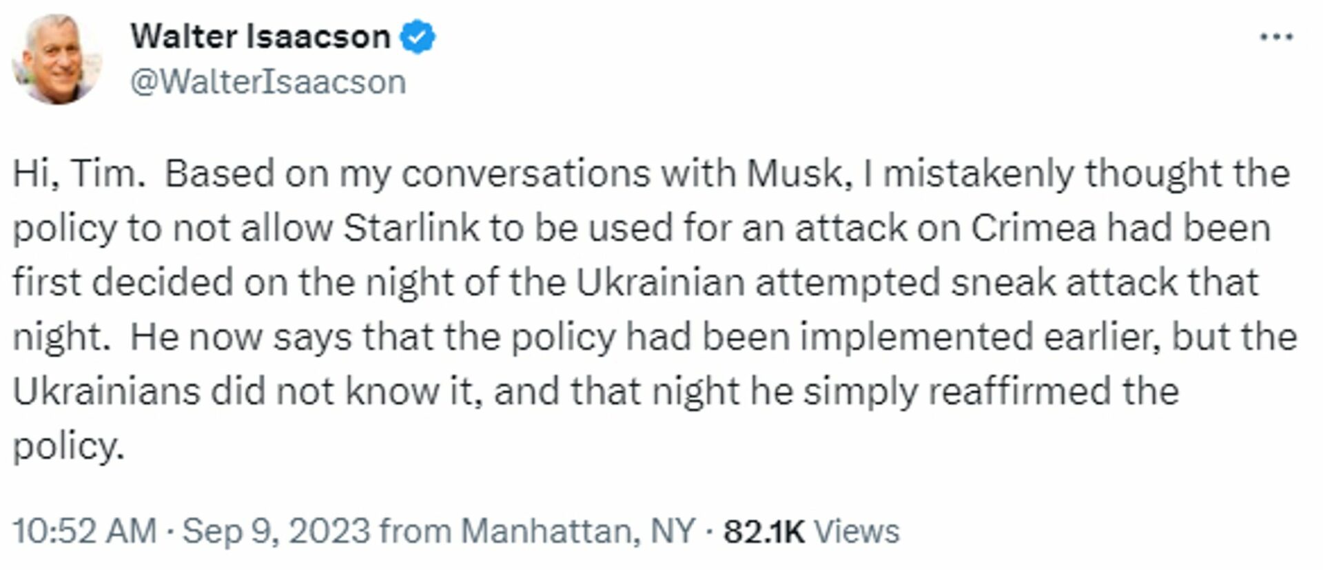 Screen grab of tweet by Musk biographer making a second attempt to clarify Musk turning off Ukraine's Starlink access.