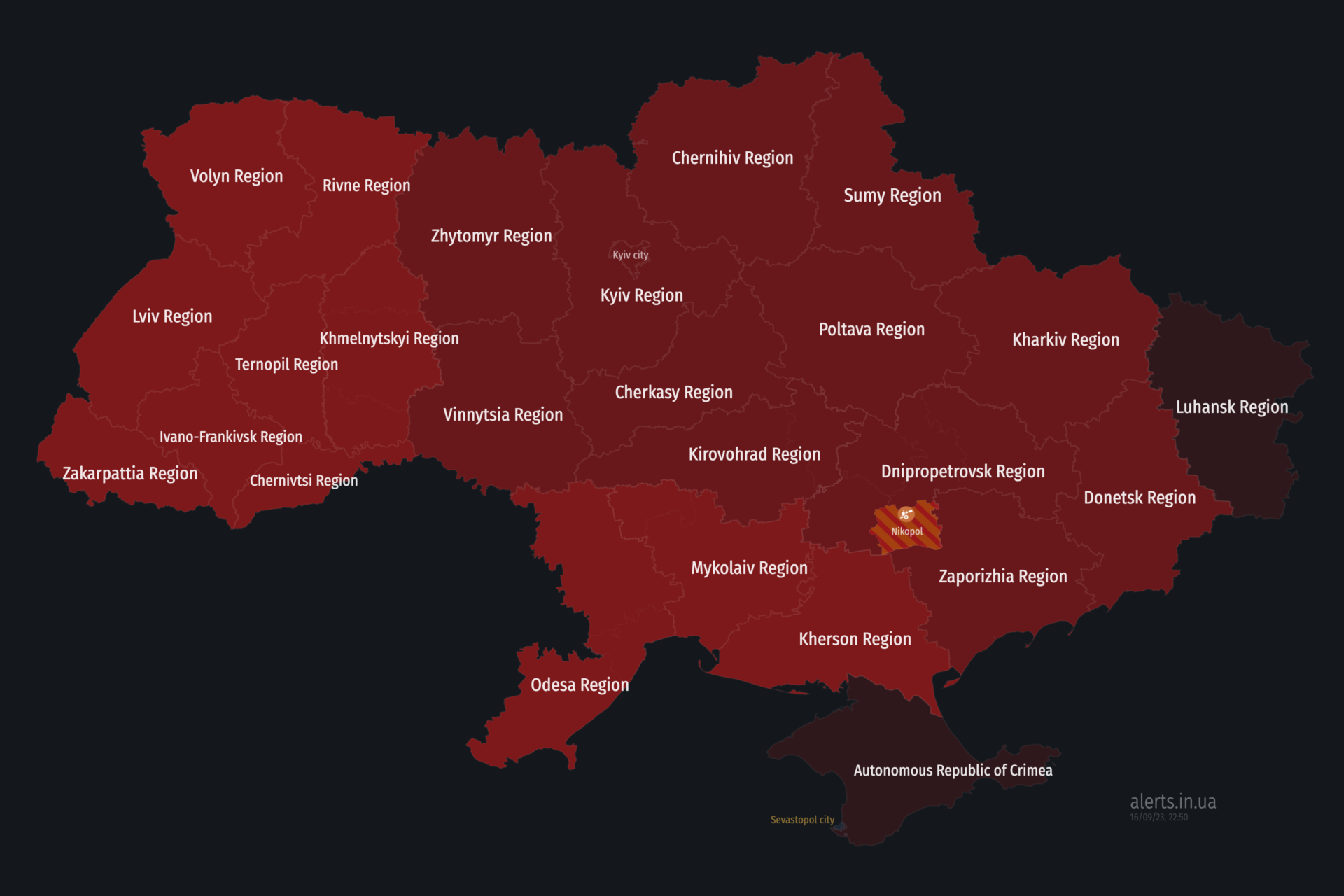 Ukraine Air Alert Map. All of Ukraine is under an air raid alert