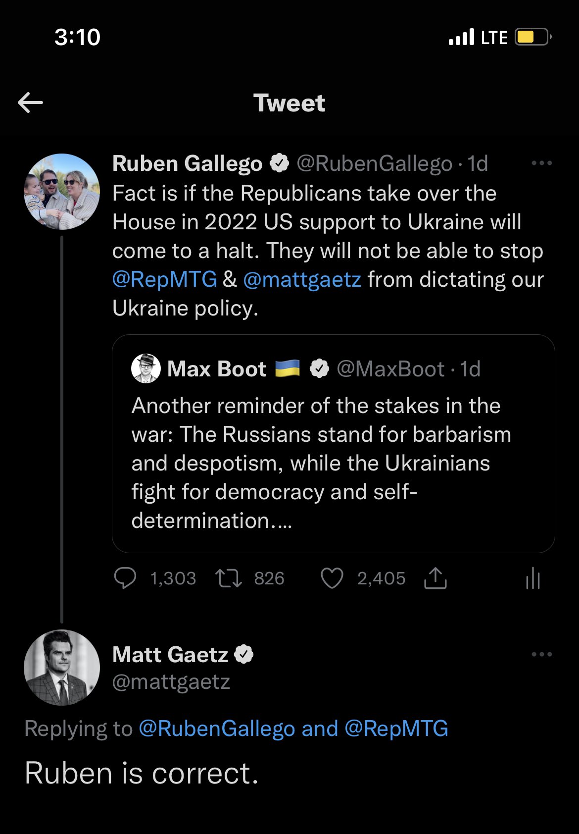 Tweet thread between Ruben Gallego and Matt Gaetz regarding Ukraine war funding.