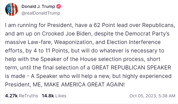 social media post from trump saying he'll help select speaker