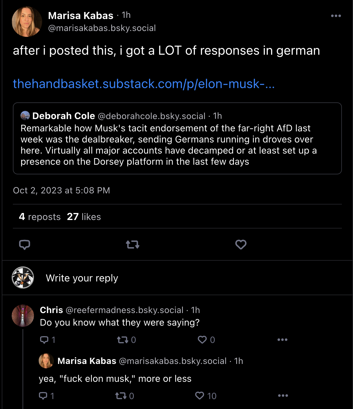 A screengrab of a Bluesky post by Marisa Kabas stating she got a lot of replies in German to her reportin on Musk embracing the AfD.