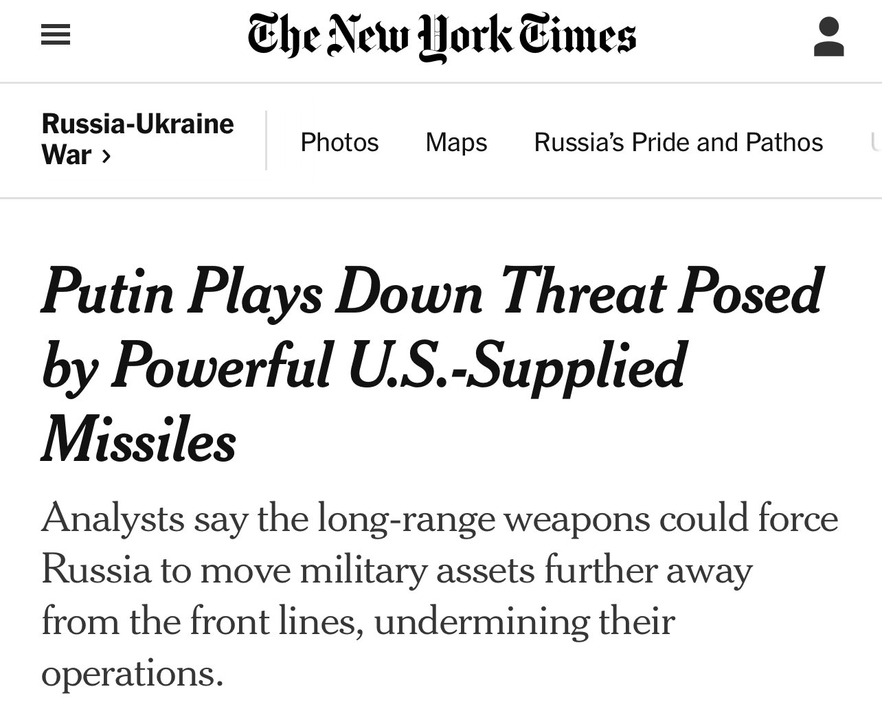 Screen grab from 18 OCT 2023 NY Times including headline stating that Putin plays down threat posed by the US providing Ukraine with more powerful, longer range missiles.