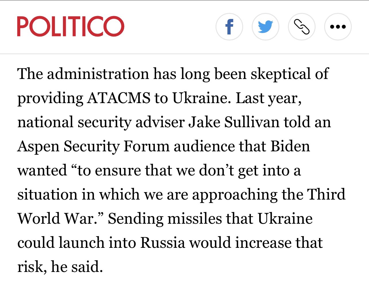 Screen grab of a Politico article from 2022 quoting US National Security Officer Jake Sullivan regarding concerns that sending longer range missiles to Ukraine would escalate into World War III