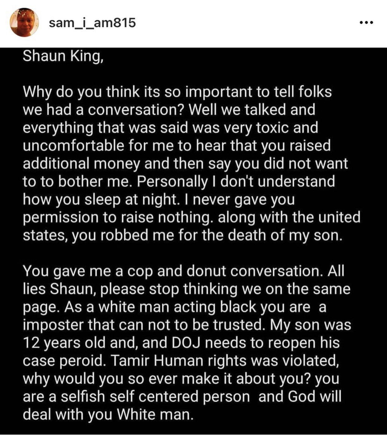 Screen shot of Tamir Rice's mother's statement regarding Shaun King.