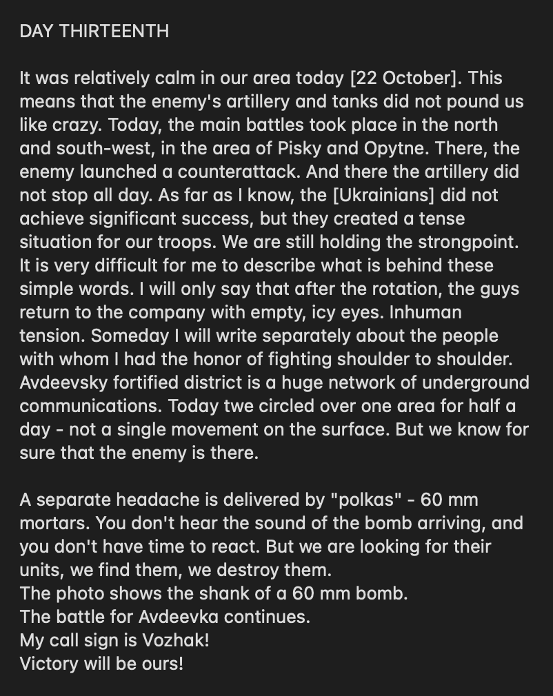 Screen grab of an English translation by Dmitri about how the fighting in Avdiivka is affecting Russian soldiers.