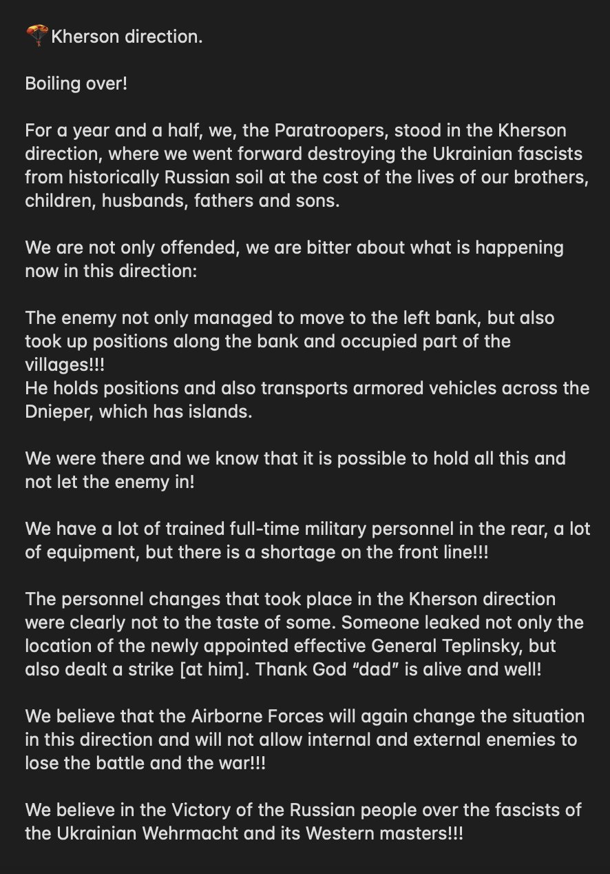 Screen grab of an English translation by Dmitri regarding Ukrainian operations on the left bank of the Dnipro River