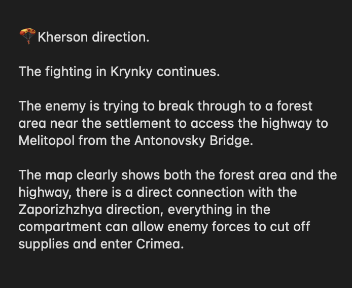 Screen grab of an English translation by Dmitri regarding Ukrainian operations in Krynky, Kherson Oblast.