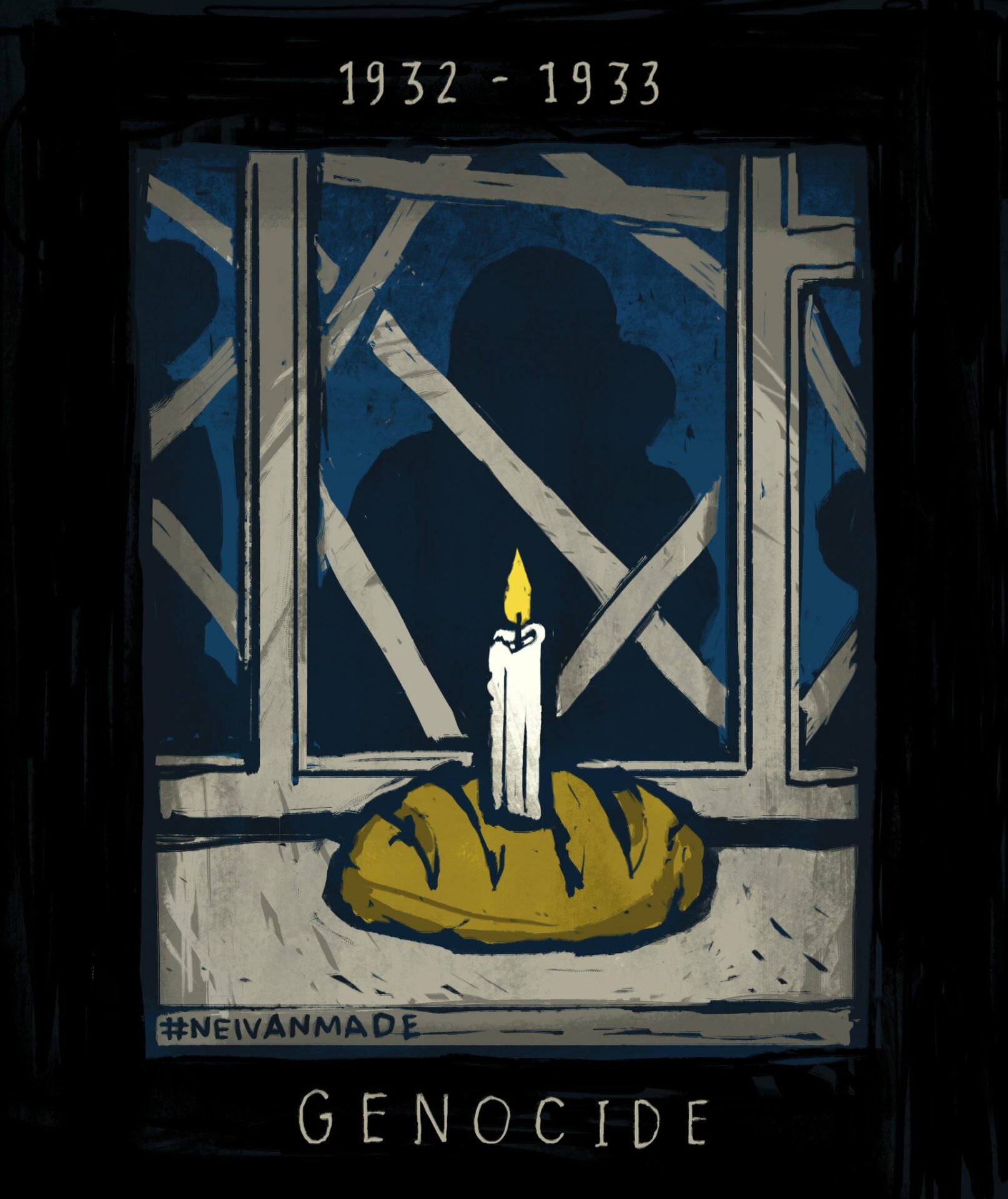 A screen shot of NEIVANMADE's painting commemorating the Holodomor. The painting is of a loaf of brown bread with a candle in its center on a table or ledge in fromt of a window. Outside the window it is dark, but the shapes of people can be seen through the glass. "1932 - 1933" is above the top of the window. Below the table is the word "GENOCIDE".