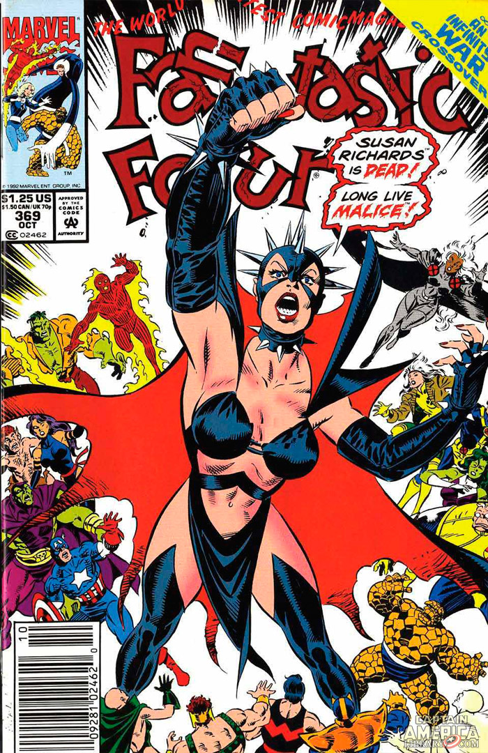 Cover of Fantastic Four with Susan Richards declaring she is only Malice. She is dressed as a dominatrix.