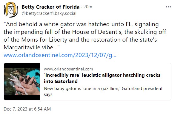 Bluesky post about a white gator