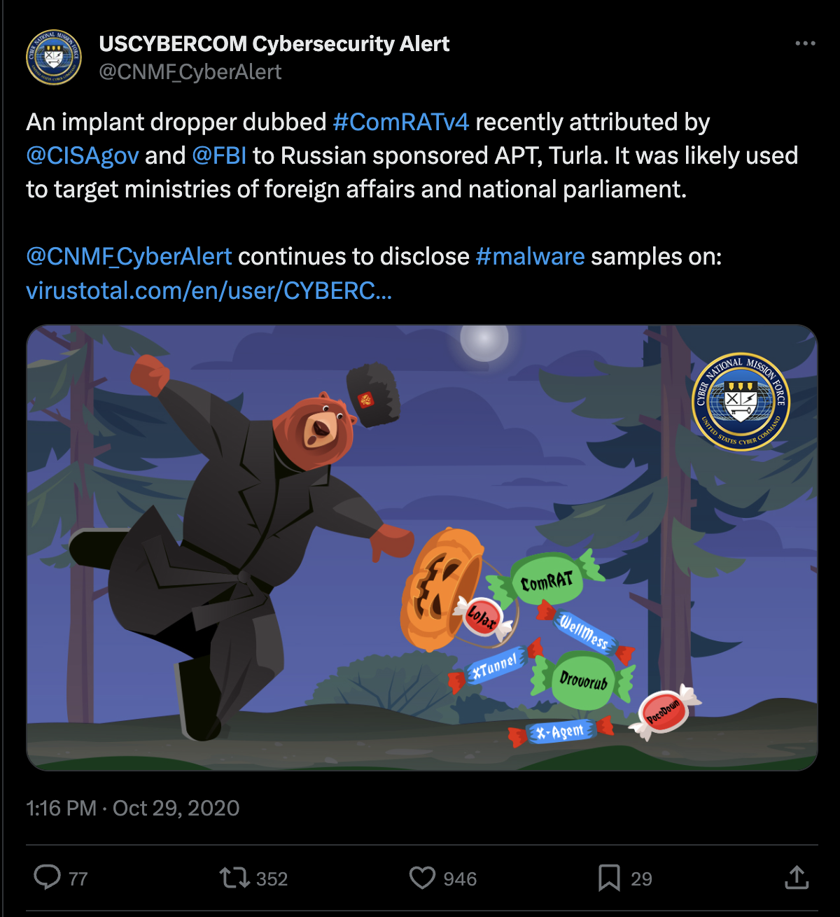 Screen grab of a tweet by US Cyber Command. The image is of a silly Russian bear in a Russian Army uniform spilling a pumpkin shaped Halloween bucket with candy spilling out. Each piece of candy has the name of a type of Russian malware on it. The caption above the picture describes the efforts to defeat these cyberwarfare attacks.