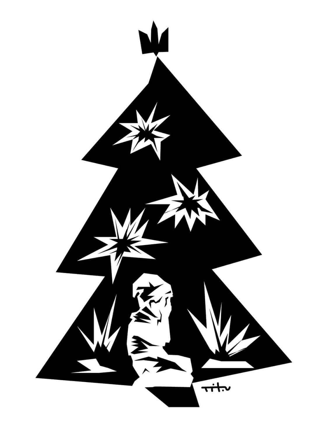 A screen shot of Nikita Titov's drawing of a Ukrainian yalynka (Christmas and New Year's tree). The tree is black on a white background. Within the tree are white outlines of explosions from Russian attacks and a small child kneeling in the bottom center with its hands over their eyes. The tree is topped with a Ukrainian tryzub (trident).