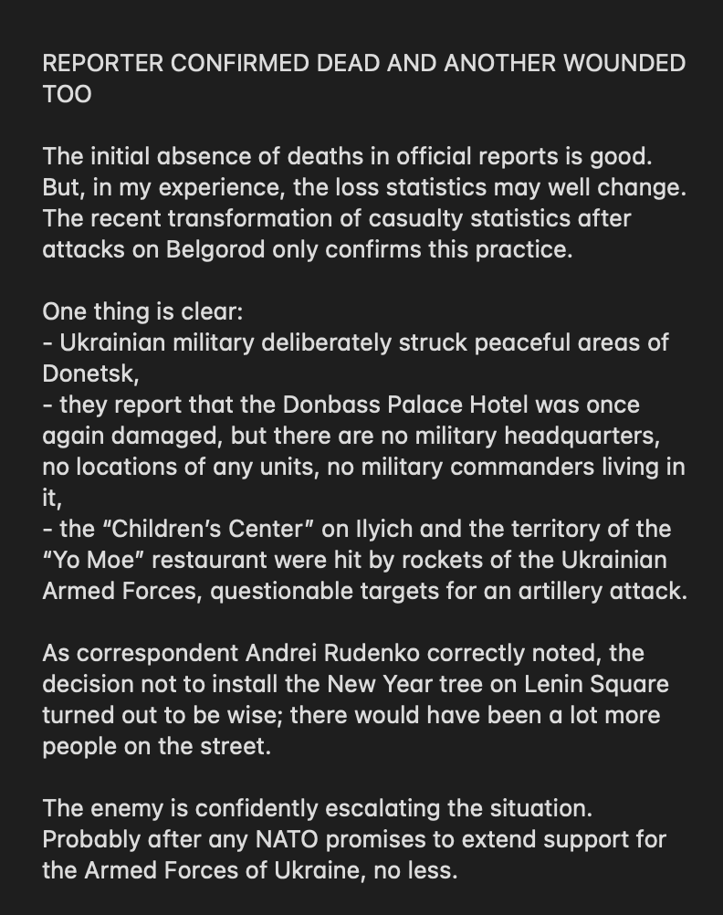 Screen shot of Dmitri's English translation of a Russian statement regarding the attack on the Donbas Palace Hotel in Russian occupied Donetsk Oblast.