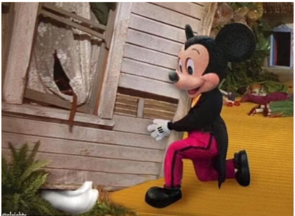 Mickey Mouse next to house with white shrimper boots sticking out