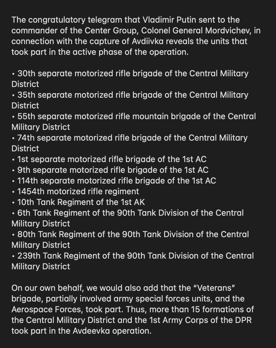A screen grab of an English translation by Dmitri listing all the Russian military units that were used to take Avdiivka, Ukraine.