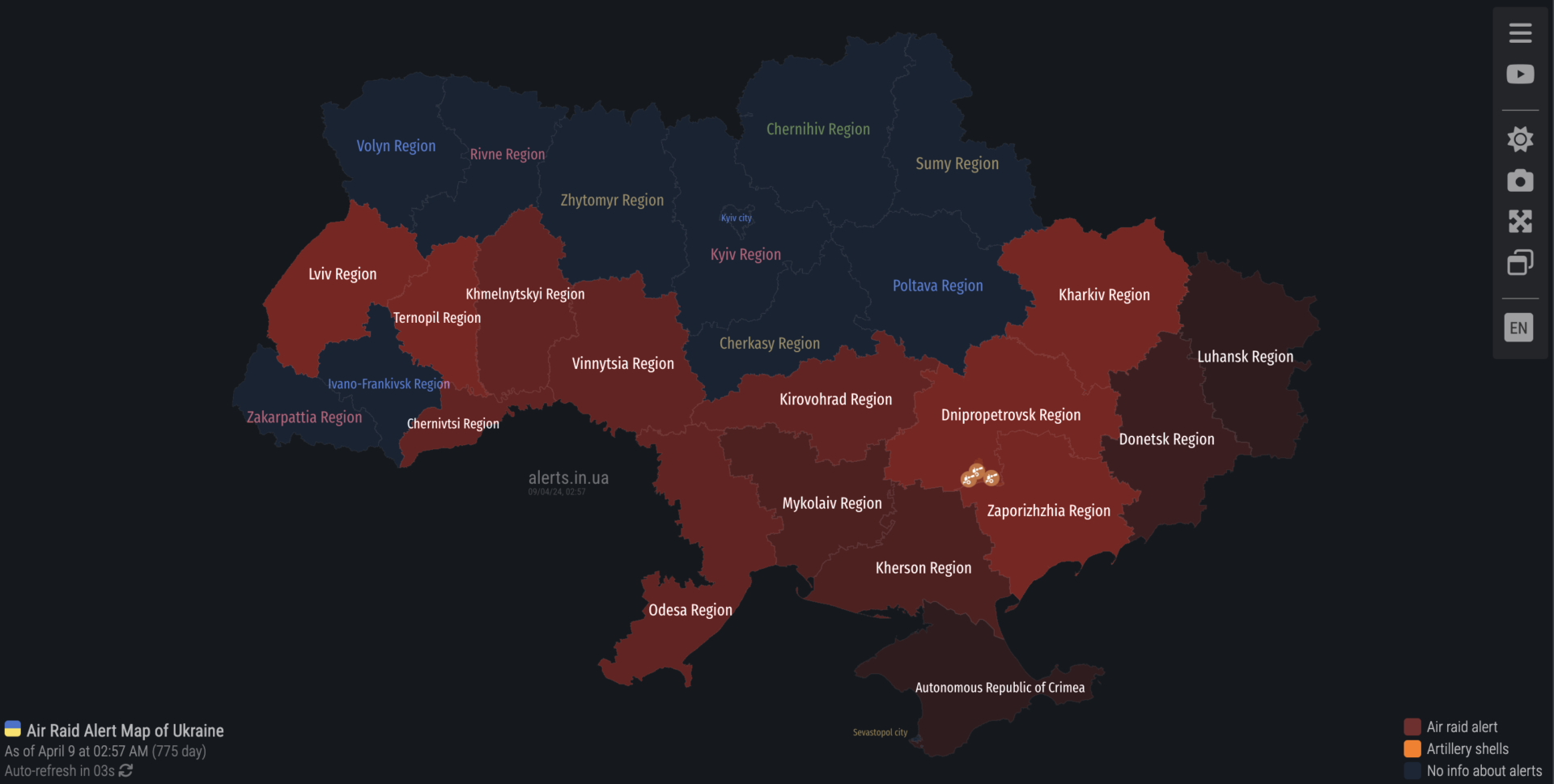 Screen shot of the air raid alert map of Ukraine as of 7:55 PM EDT on 8 April 2024. Every Ukrainian oblast/region in south and central Ukraine is colored in red as they are all under air raid alert. 