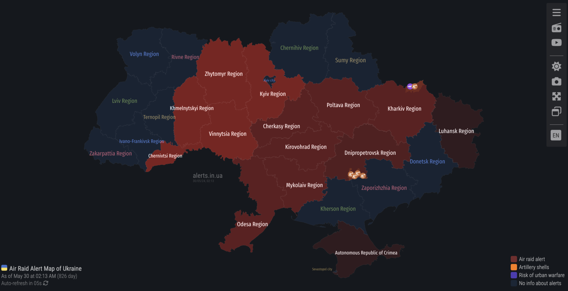 A screen grab of the air raid alert map of Ukraine from 7:13 PM EDT on 29 MAY 2024. Air raid warnings are up over almost all of central Ukraine from the eastern border with Russia to the central oblasts/regions.