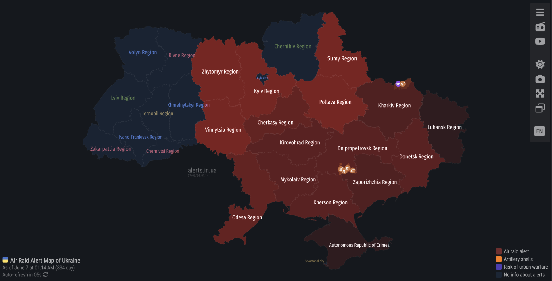Air raid alert map of Ukraine at 6:14 PM EDT on 6 JUN 2024. Air raid alerts are posted for all oblasts (regions) of Ukraine except for Chernihiv in the north and the western oblasts/3rd of Ukraine.