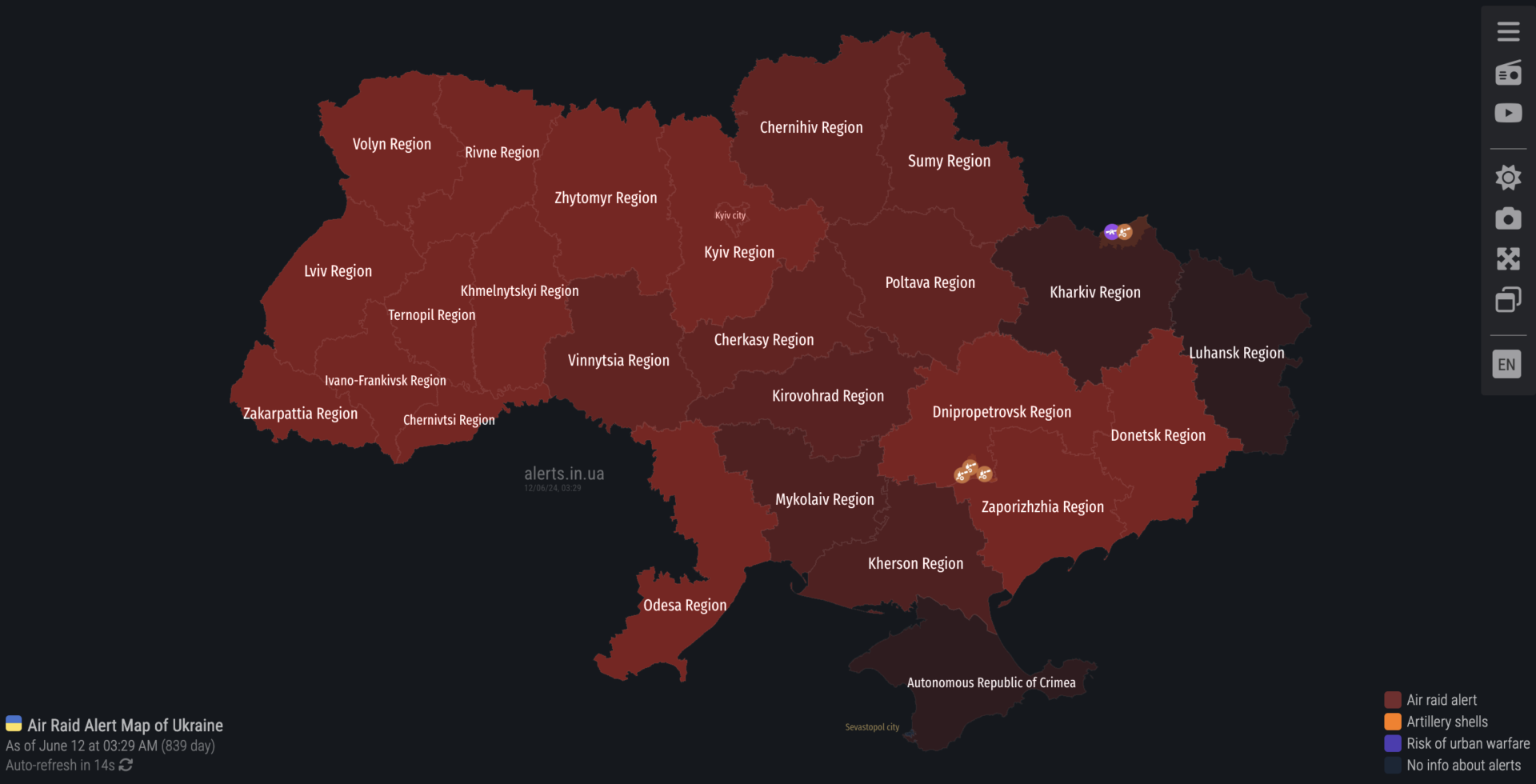 Air raid alert map for Ukraine as of 8:29 PM EDT on 11 June 2024. The entire country is under air raid alert.