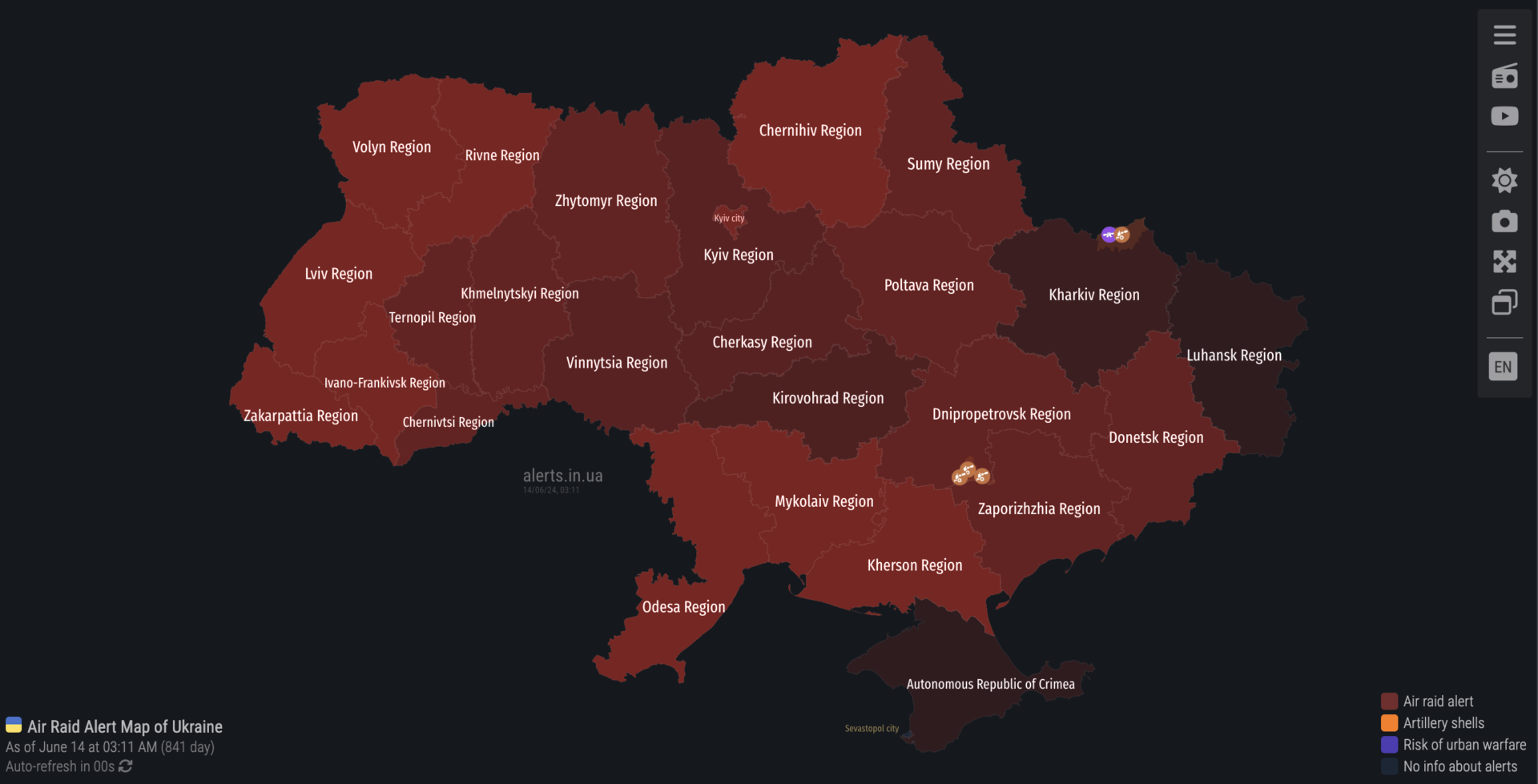 Air raid alert map of Ukraine at 8:10 PM EDT on 13 June 2024. All of Ukraine is under an air raid alert.