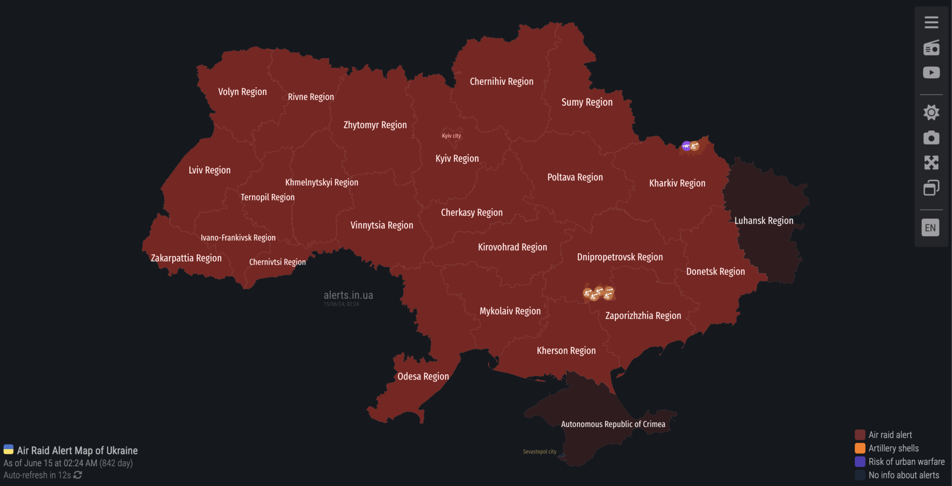 Air raid alert map of Ukraine at 8:42 PM PM EDT on 14 June 2024. The entire map is colored red because all of Ukraine is under air raid alert. 