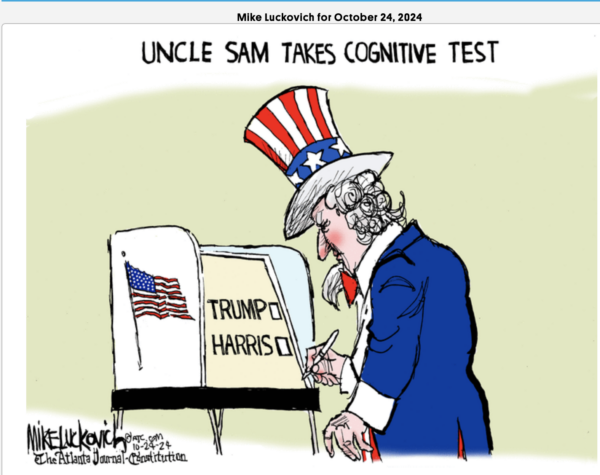 Title:  Uncle Sam's Cognitive Test.  Image:  Uncle Sam faces a ballot to choose between Trump and Harris.