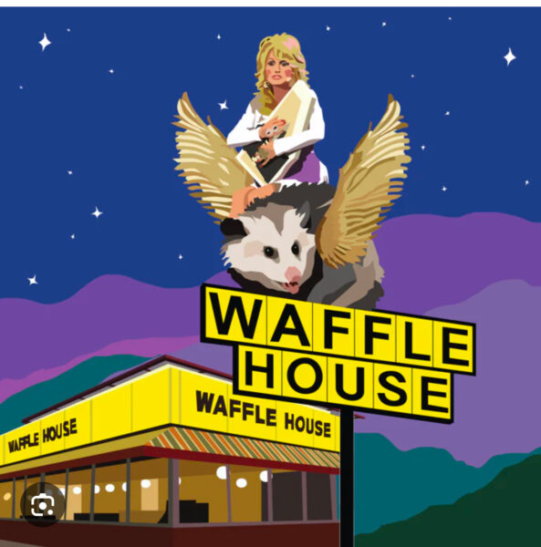 Dolly Parton riding a winged possum that is perched on a Waffle House sign. 