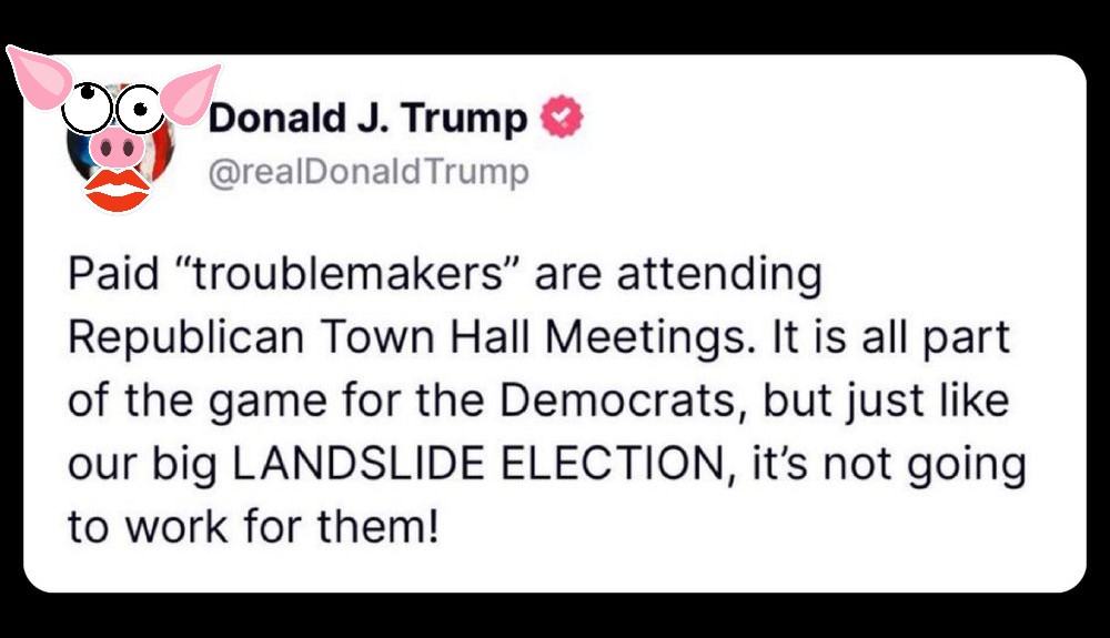 Tweet from Trump lying about "paid troublemakers" infiltrating GOP lawmaker town halls.