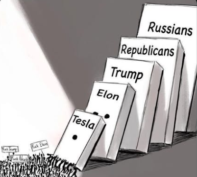A crowd pushing over a domino labeled "Tesla," with is falling into dominoes labeled "Musk," "Trump," "Republicans" and "Russians."