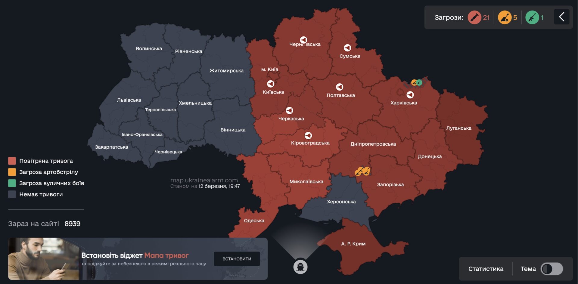 12 MAR 2025 air raid alert map of Ukraine. All of eastern and central Ukraine is colored red/under air raid alert. Drone icons are indicated over all of the northern and central oblasts (regions).