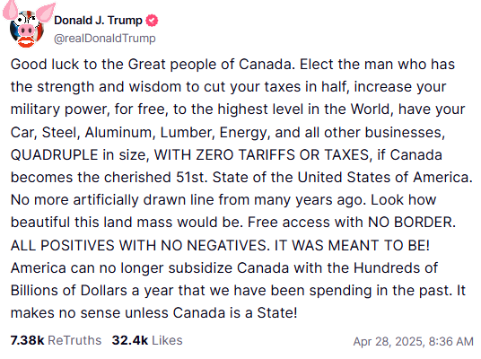 Idiotic Trump rant about Canada becoming the 51st state of the USA. 