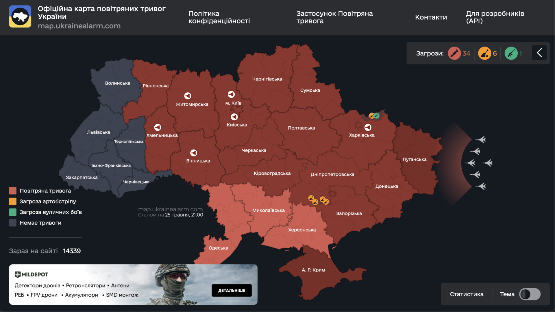 Air raid alert map of Ukraine from 4:00 AM local time in Ukraine on 25 MAY 2025. All of Ukraine but the westernmost oblasts (regions) are under air raid alert, which is why the map is colored dark or light red. White drone swarm indicators are shown over a number of oblasts and white airplane indicators are showing over western Russia heading towards Ukraine indicating the threat of missile and bomb attack. 