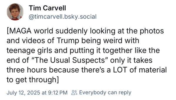 [MAGA world suddenly looking at the photos and videos of Trump being weird with teenage girls and putting it together like the end of “The Usual Suspects” only it takes three hours because there’s a LOT of material to get through]