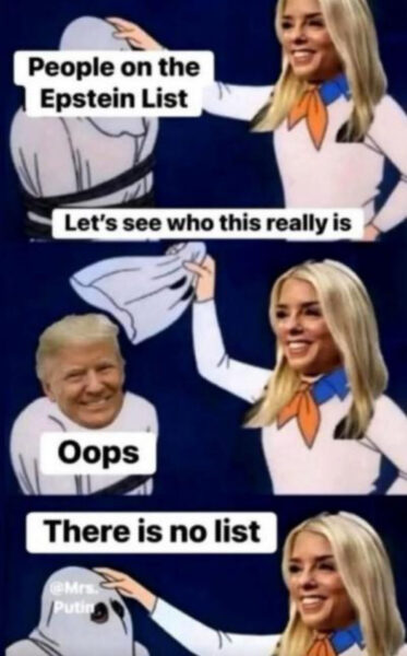 Scooby Doo meme with Bondi as Fred unmasking the villain and then remasking Trump.