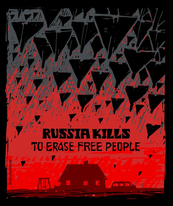 A painting by the Ukrainain artist NEIVANMADE. The upper 1/2 is grey and there are black Shahed drones on it aimed towards the bottom of the painting. The bottom half of the painting has a blood red background and in the center of the bottom is a house, to it's left is a swing set, and to its right is a car. They are charcoal grey on the blood red background background. The drones are targeting the house, swing set, and car. Above the house and below the drones are the words "Russia Kills To Erase Free People".